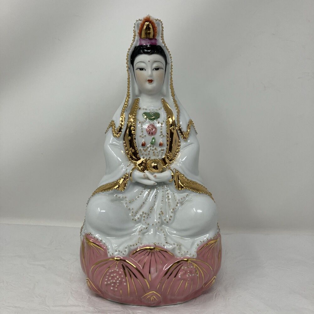 Porcelain Pottery Quan Guan Yin Goddess Boddhisattva Statue 10” Pink White